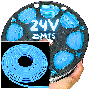 Rolos Com 25mts Mangueira Neon LED 24V 6X12mm Azul Ciano 12W /mt Flexível 24volts