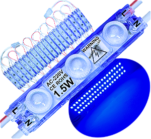 Módulo LED 2835 AC-220V 1,5W Azul Royal 3-Leds ip67 Direto Na Energia Injetado Lente 170º 220V P/ Luminosos