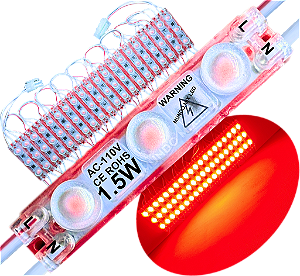 Módulo LED 2835 AC 110V 1,5W Vermelho Puro 3-Leds ip67 Direto Na Energia Injetado Lente 170º 127V P/ Luminosos