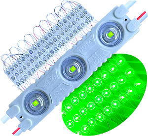 Módulo LED 7030 1,7W 3-LEDs COREANO Verde Puro 12V IP67 Lente 175º Injetado P/ Letras Caixa