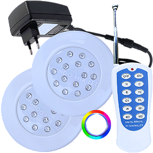 Kit Duplo Refletor Cabo 3MTS 18W LED RGB Rosca 1/2 Piscina + Fonte 12v Com Controlador Total 36W