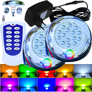 KIT 02 Refletor LED RGB Piscina 2X 18W Cada INOX 1/2 3/4 + Cabo 3MTS + Fonte Com Controlador RF Integrado
