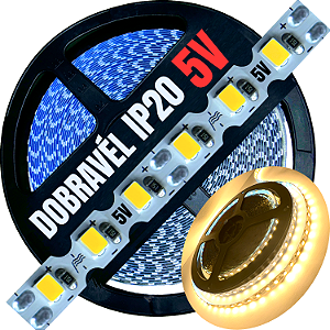 Fita LED 5Volts 6mm 9W 120LED 5V MT Branco Quente 3.000k Zig Zag Faz Dobrável Faz Curvas 90º