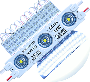 Módulo LED 7030 1,5W 3-LEDs COREANO IP68 Branco FRIO 6500k Premium 12V Com Lente 180º Injetado P/ Letras Caixas Caixas - 03 ANOS DE GARANTIA