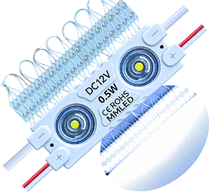 Módulo LED 7030 1W 2-LEDs COREANO IP68 Branco FRIO 6500k Premium 12V Com Lente 180º Injetado P/ Letras Caixas Caixas - 03 ANOS DE GARANTIA