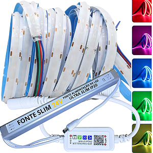 Fita LED RGB COB 24V Analógica 576LEDs 4F IP20 15W /MT 24V + FONTE SLIM 24Volts 110v/220v + CONTROLADOR BLUETOOTH APP Alto Brilho RGB P/ Perfil Sanca 24Volts