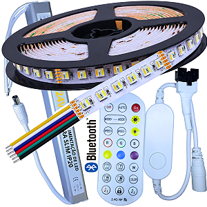 KIT 5MTS Fita LED RGBW+WW 24V Analógica 180LEDs 19W /MT IP20 + Fonte SLIM 24Volts + CONTROLADOR BLUETOOTH APP Alto Brilho P/ Perfil Sanca 24Volts