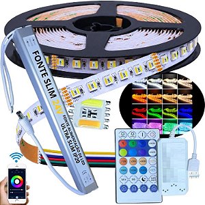 KIT 05MTS Fita LED RGBW+WW 24V Analógica 180LEDs 19W /MT IP20 + Fonte SLIM 24Volts 110v/220v + Controlador WIFI SMART MAGIC HOME PRO Alto Brilho P/ Perfil Sanca 24Volts