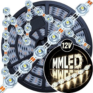 Fita LED CM48 3030s Maleável 48 LEDs ( 12V ) 17W /mt 12mm Branco Morno 4.500k ZIG ZAG IP67 S A Prova Dagua Curvas 90º 17Watts 48LEDs 4000k 12Volts Iluminação Lateral 180°