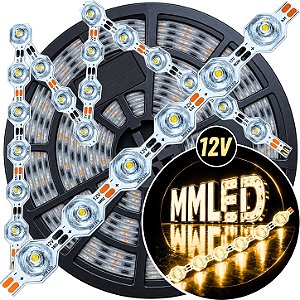 Fita LED CM48 3030s Maleável 48LEDs ( 12V ) 17W /mt 12mm Branco Quente 3.000k ZIG ZAG IP67 S A Prova Dagua Curvas 90º 17Watts 48LEDs 3000k 12Volts Iluminação Lateral 180°