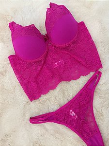 Conjunto rendado calcinha fio com strass e sutia com bojo