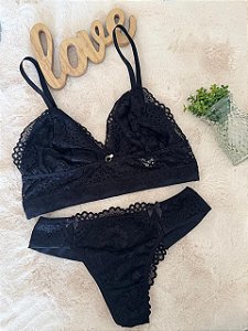 Conjunto de renda com microfibra sem bojo cor preta