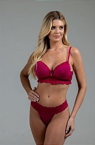 Conjunto em microfibra com renda cor vermelho desejo com bojo