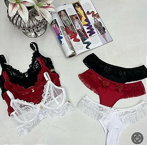 Conjunto sutiã sem bojo e com aro em tule e renda