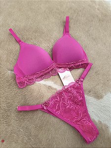 Conunto com bojo e calcinha fio com regulagem - cor rosa pink