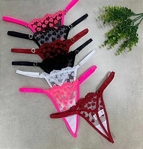 Calcinha sexy em tule com corações bordados tam único