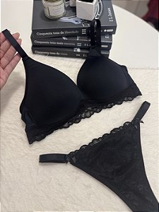 Conjunto sutiã com bojo soft e calcinha fio com regulagem - Preto