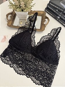 Top em renda com bojo removível  alça com regulagem - Preto