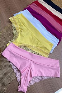 Calcinha microfibra fio duplo com cós alto e detalhes em renda