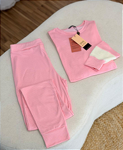 Pijama toque de pêssego - rosa bebê com poá branco