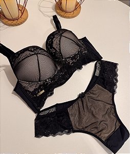 Conjunto PLUS tule e renda calcinha fio duplo