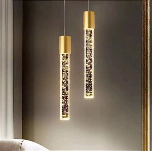 Pendente Tubo Dourado Bolha Cristal 36cm Luz Amarela