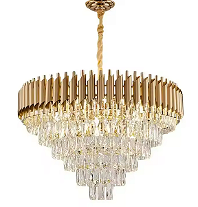 Lustre Pendente De Cristal Dourado 75cm Redondo Com Lâmpadas Branco Quente
