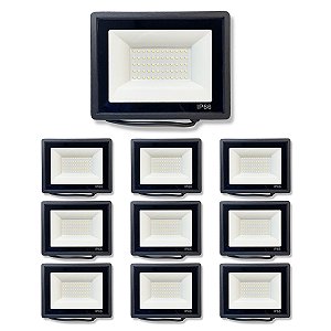 Kit 10 Refletores Slim Led Alumínio Preto 100w Branco-Frio