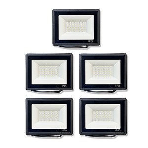 Kit 5 Refletores Slim Led Alumínio Preto 200w Branco-Frio