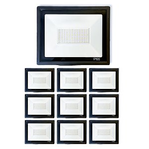 Kit 10 Refletores Slim Led Alumínio Preto 200w Branco-Frio
