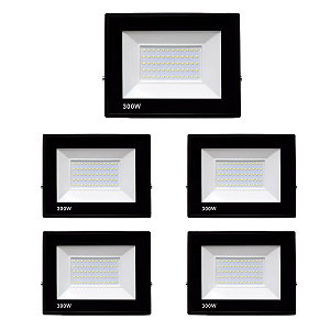 Kit 5 Refletores Slim Led Alumínio Preto 300w Branco-Frio