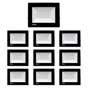 Kit 10 Refletores Slim Led Alumínio Preto 300w Branco-Frio