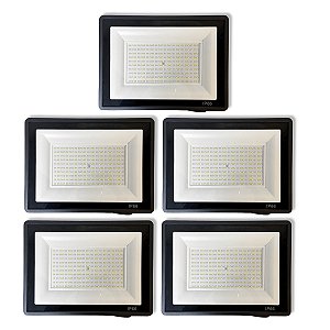 Kit 5 Refletores Slim Led Alumínio Preto 400w Branco-Frio