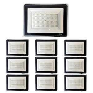 Kit 10 Refletores Slim Led Alumínio Preto 400w Branco-Frio
