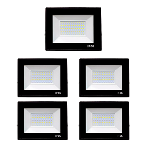 Kit 5 Refletores Slim Led Alumínio Preto 150w Branco-Frio