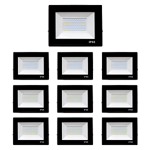 Kit 10 Refletores Slim Led Alumínio Preto 150w Branco-Frio
