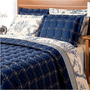 Kit Cobre Leito Queen Size Bordado 3 Peças Azul Marinho