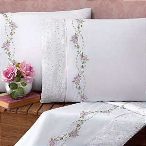 Jogo de Lençol Casal Queen Size Percal 100% Algodão Bordado Completo 4 Peças Branco