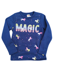 Blusa Infantil Manga Longa Azul com Estampa de Unicórnios e "MAGIC"