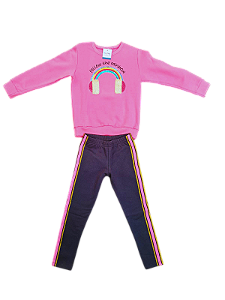 Conjunto Infantil Feminino "Follow the Rainbow" – Blusa Rosa + Calça com Listras