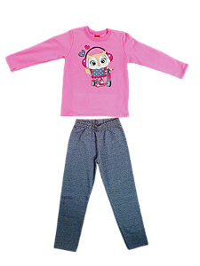 Conjunto Infantil Feminino Manga Longa Rosa e Calça Cinza