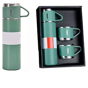 Kit Garrafa Térmica 500ML + 3 Xícaras Aço Inoxidável- Verde