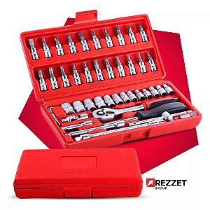 Kit Chave Jogo Soquete 1/4 46Pçs Aço c/ Maleta Catraca -  Prata/preto