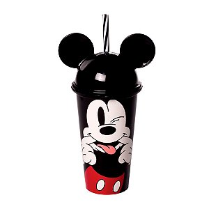 Copo de Plástico com Tampa e Canudo Orelha Mickey - 500ml - 1 unidade - Disney Original - Plasútil