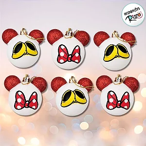 Bola de Natal Laço/Sapato Minnie - Vermelho/Branco - 6cm - 6 unidades - Disney Original - Rizzo