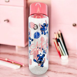 Garrafa Squeeze Pet Italiana - Stitch - Transparente Tampa Rosa - 1L  26cm - 1 unidade - Disney Original - Rizzo
