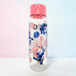 Garrafa Squeeze Pet Italiana - Stitch - Transparente Tampa Rosa - 1L 26cm - 1 unidade - Disney Original - Rizzo