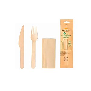 Kit Talher De Madeira Com Garfo, Faca e Guardanapo - 16cm - 20 unidades - Silver Festas - Rizzo