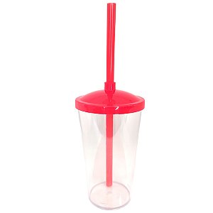 Copo de Acrílico Durável com Tampa e Canudo 300ml - Vermelho - 1 unidade - Rizzo