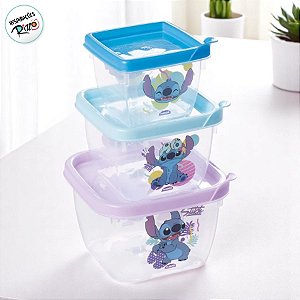 Kit 3 Potes de Plástico Quadrado - Stitch - 1 unidade - Disney Original - Rizzo